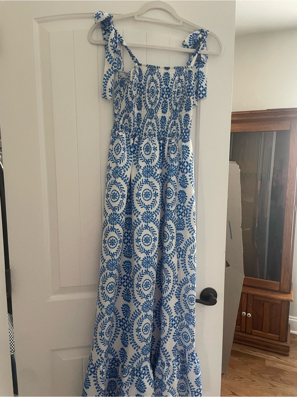 Not LoveShackFancy White Maxi Dress with Blue Medallion Print